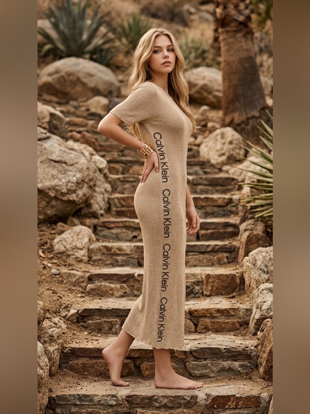 Calvin Klein Tan Knit Logo Bodycon Midi Dress